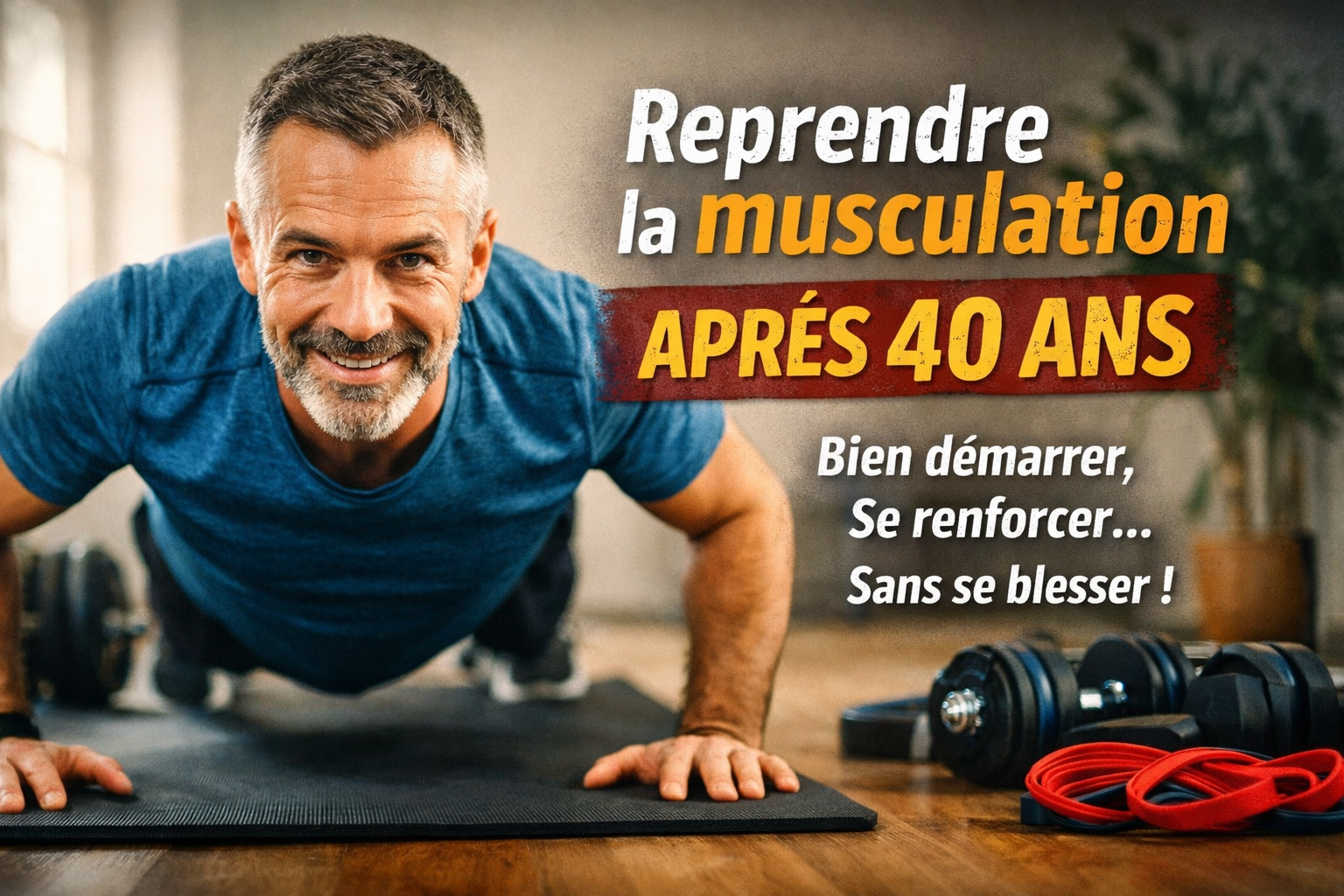 Homme de plus de 40 ans reprenant la musculation à la maison de façon progressive et sécurisée