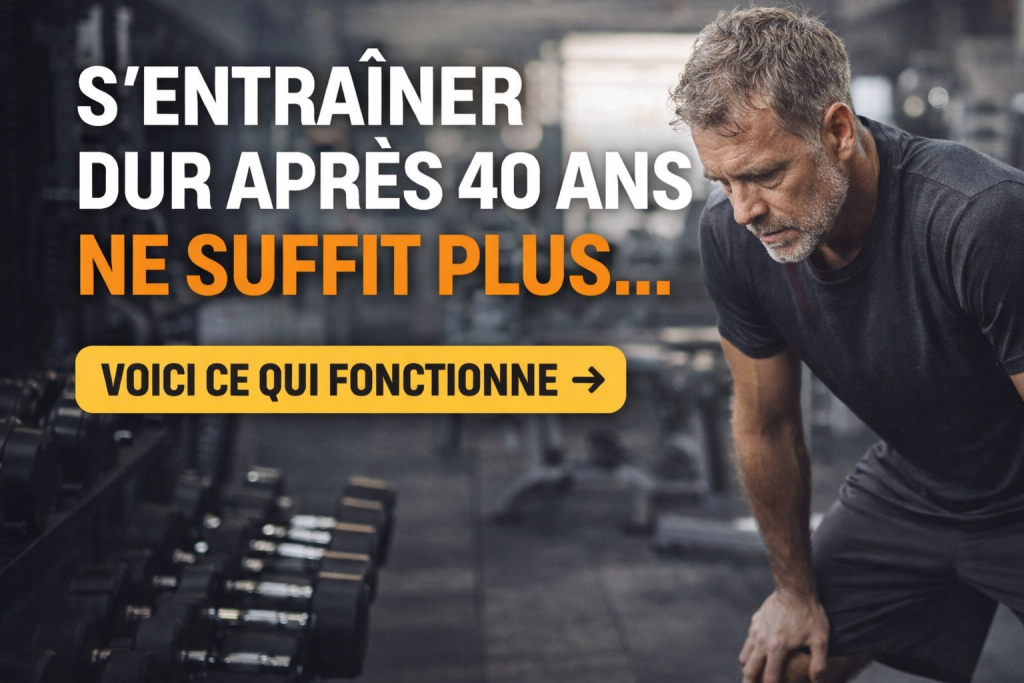 Homme de plus de 40 ans fatigué après un entraînement intense en salle de sport, illustrant les limites de l’entraînement dur après 40 ans.